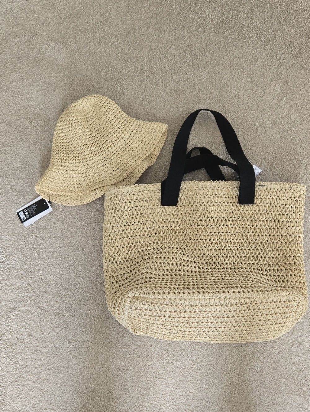H&M Beige Straw Tote with Black Web Handles And Straw Hat